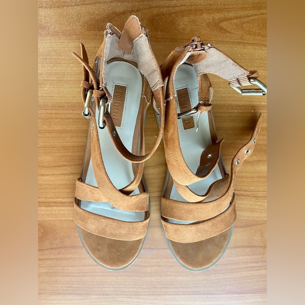 Brown Faux Suede Sandals Buckle Ankle Zip Heel